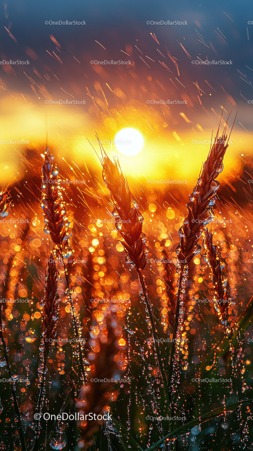 Golden Wheat Stalks with Dew Drops during Sunrise in a Rural Landscape
