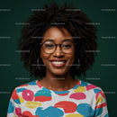 Smiling Woman with Afro Hair and Stylish Glasses in Colorful T-Shirt