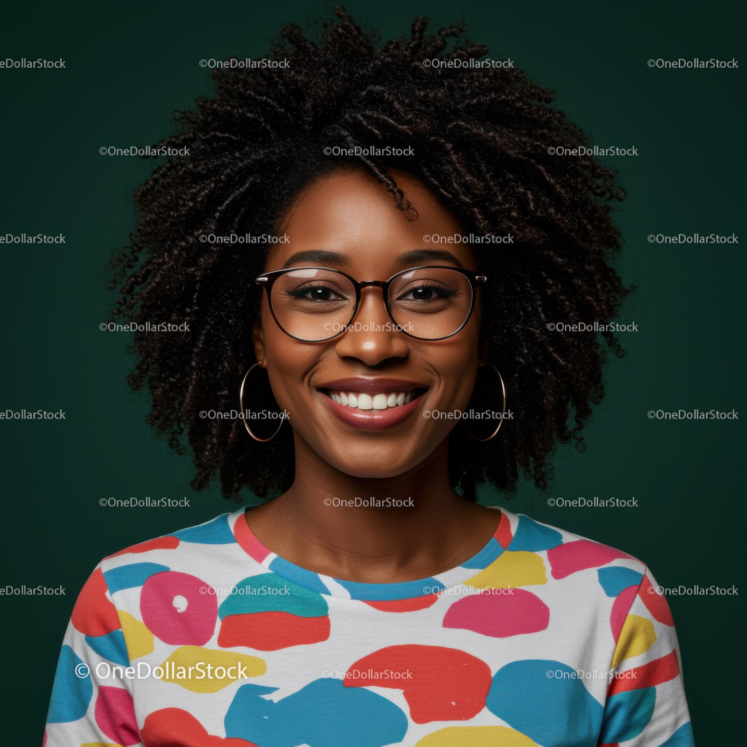 Smiling Woman with Afro Hair and Stylish Glasses in Colorful T-Shirt