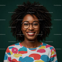 Smiling Woman with Afro Hair and Stylish Glasses in Colorful T-Shirt