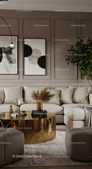 Cozy living room with beige sofa and golden coffee table