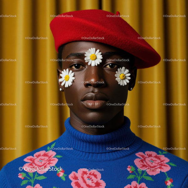 Stylish young man with daisies on face and red beret