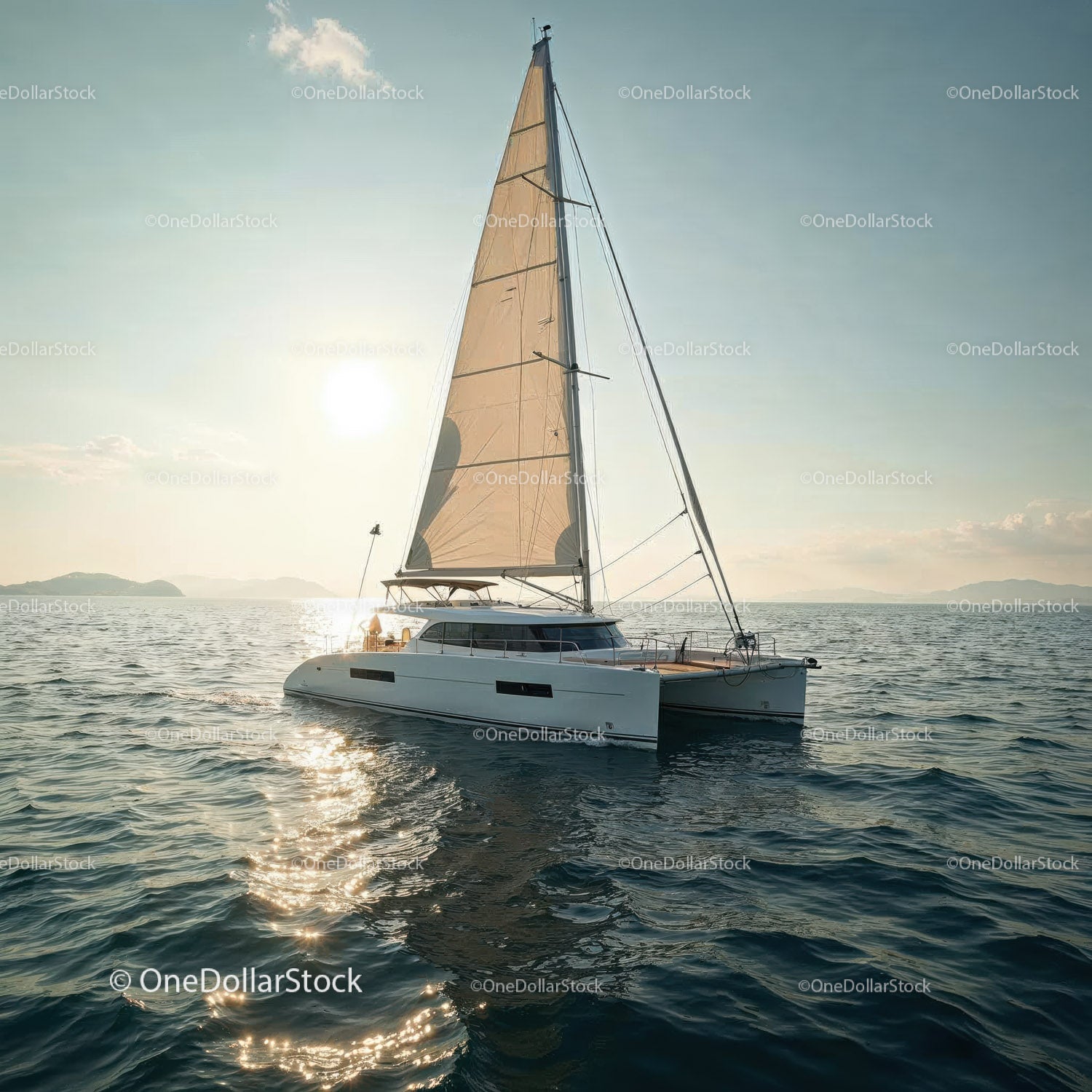 Luxury Modern Sailboat on Calm Open Sea at Sunset