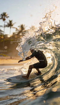 Surfer riding a glowing wave near tropical beach