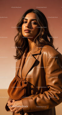 Fashion Model in Brown Leather Jacket Under Sunset Light for Trendy Style