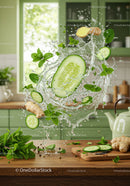 Fresh cucumber and herbs splash in rustic kitchen