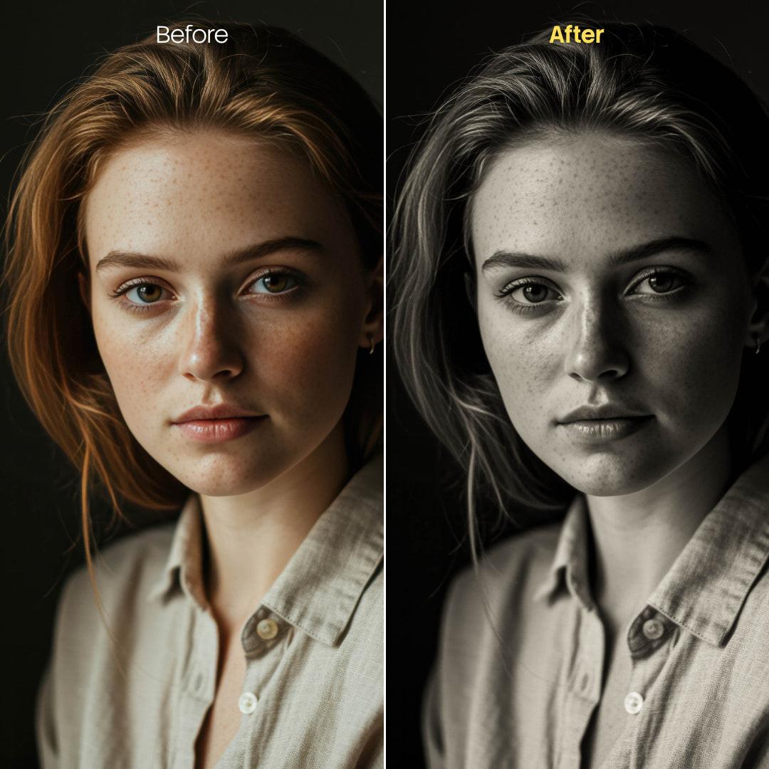 Before and after BW Portraits Yellow Lightroom preset edit