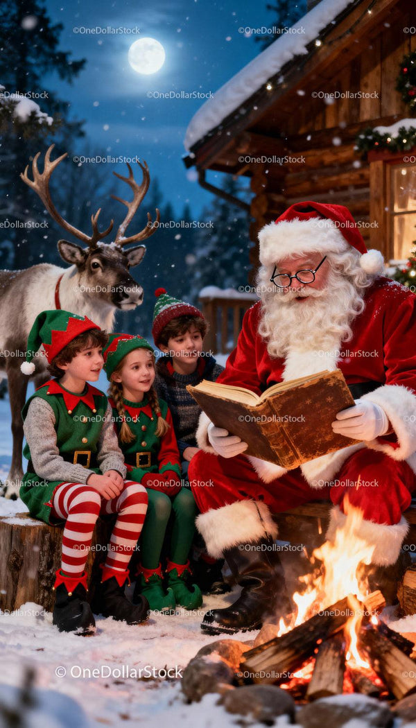 Santa Reading Stories to Children by Fire in Winter