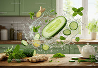 Fresh cucumber and ginger splash with vibrant mint leaves