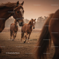Majestic Herd of Brown Horses Running in Sunset Landscape