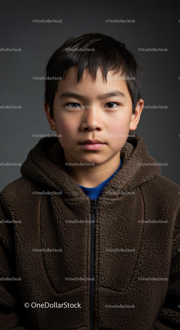 Portret młodego chłopca w brązowej polarowej kurtce z neutralnym wyrazem twarzy