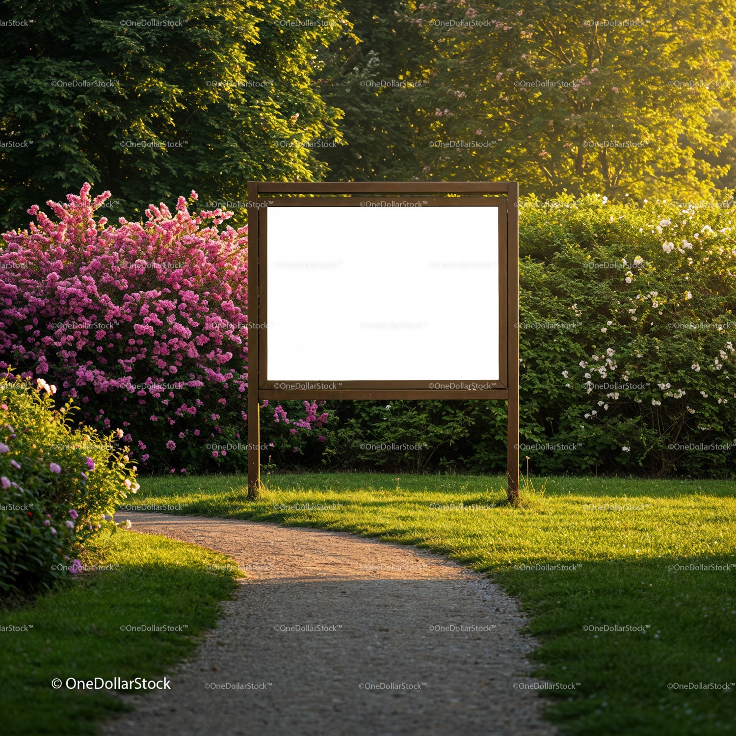 Garden path leading to empty wooden information board