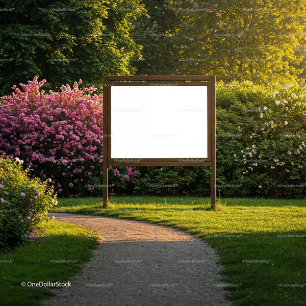 Garden path leading to empty wooden information board JPG Mockup Image