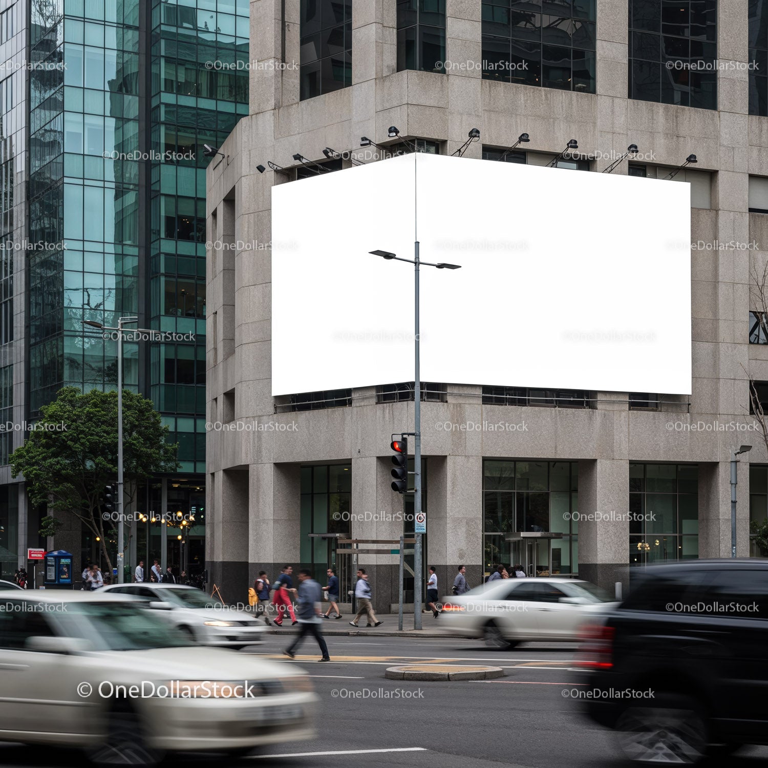 Busy Urban Intersection with Blank Billboard on Office Building
