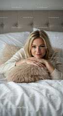 Blonde woman relaxing on bed with cozy pillow