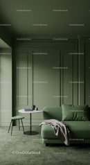 Elegant Green Sofa in Modern Minimalist Living Room with Wall Molding