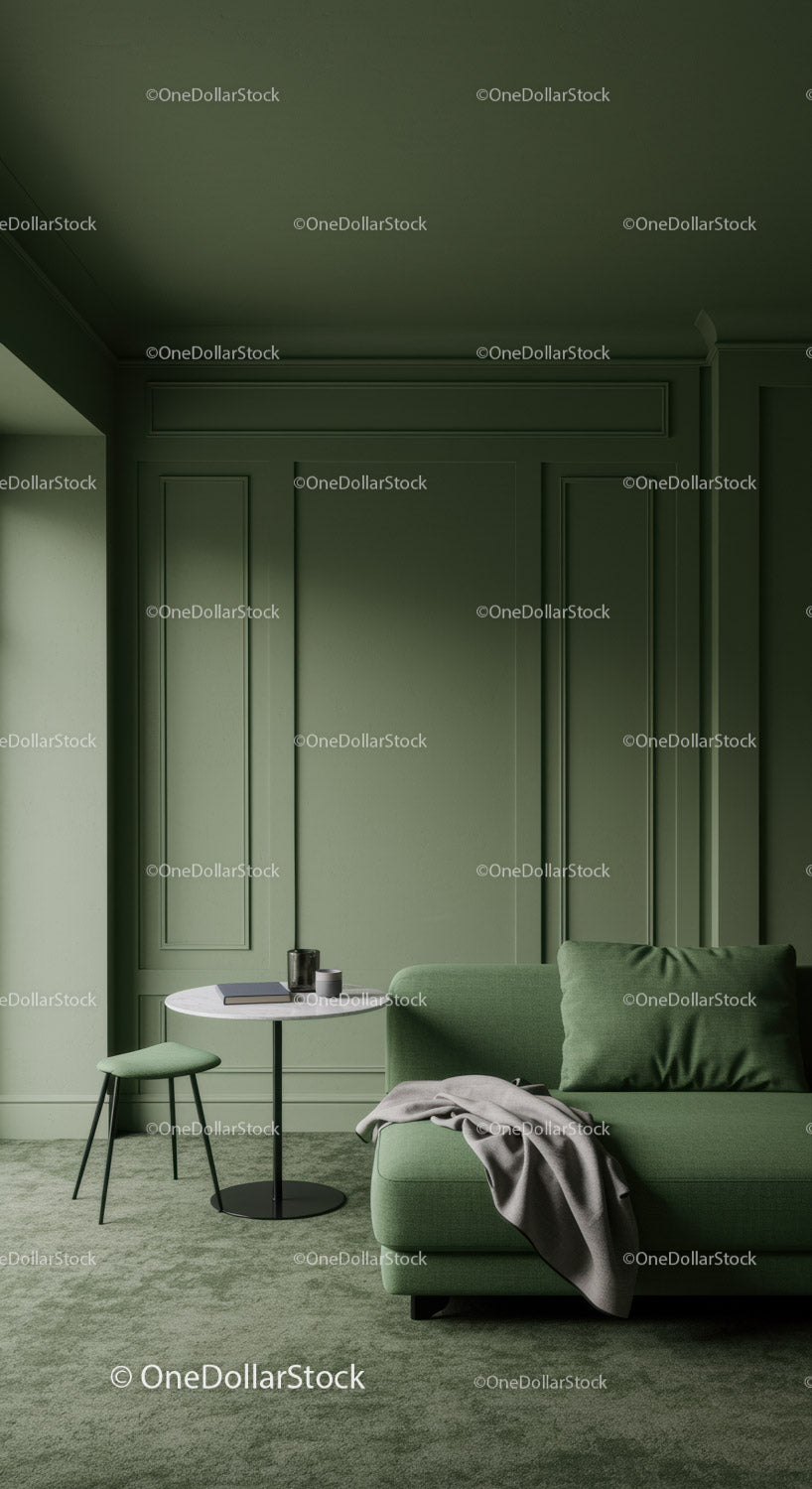 Elegancka zielona sofa w nowoczesnym, minimalistycznym salonie z listwą ścienną