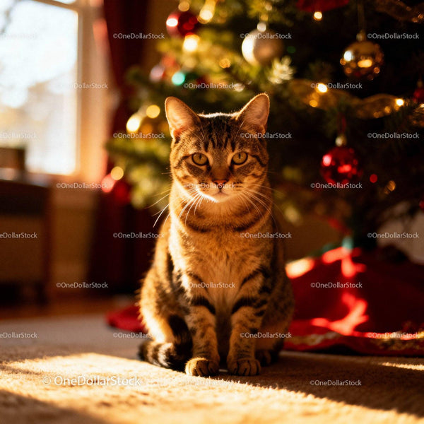 Pręgowany kot siedzący przy udekorowanej choince w domu