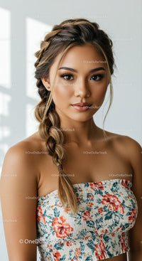 Elegant Woman with Braid Hairstyle Wearing Floral Summer Dress