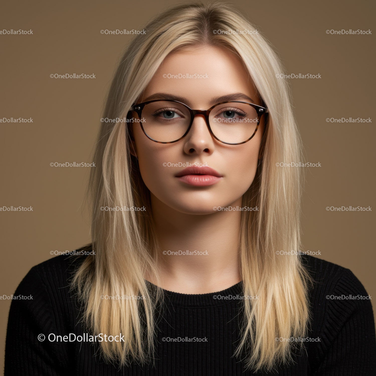 Stylowa młoda kobieta z blond włosami i okularami na portrecie studyjnym