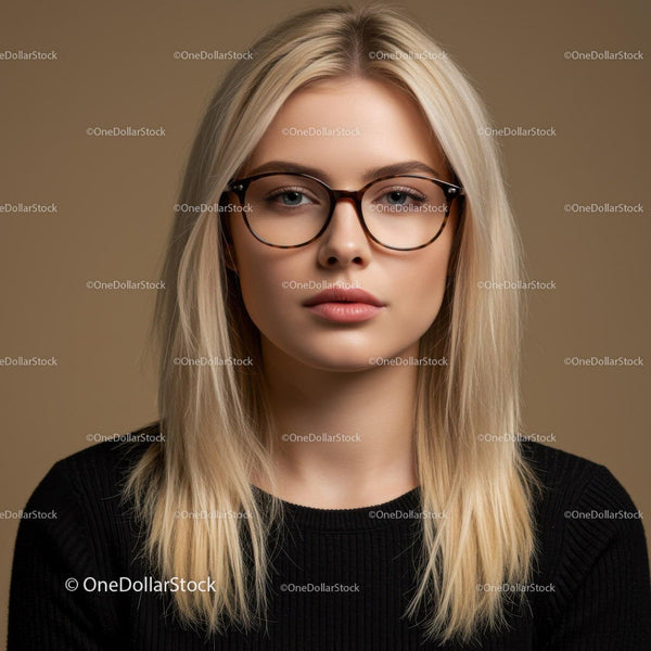 Stylowa młoda kobieta z blond włosami i okularami na portrecie studyjnym