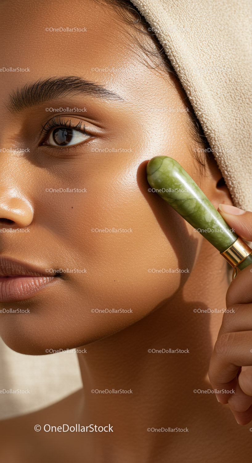 Close-up of Woman Using Jade Roller for Facial Skin Care