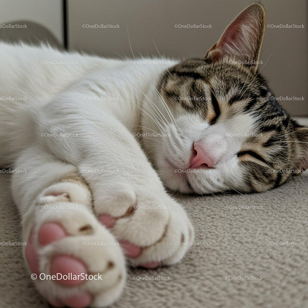 Close up of peaceful sleeping tabby cat paws