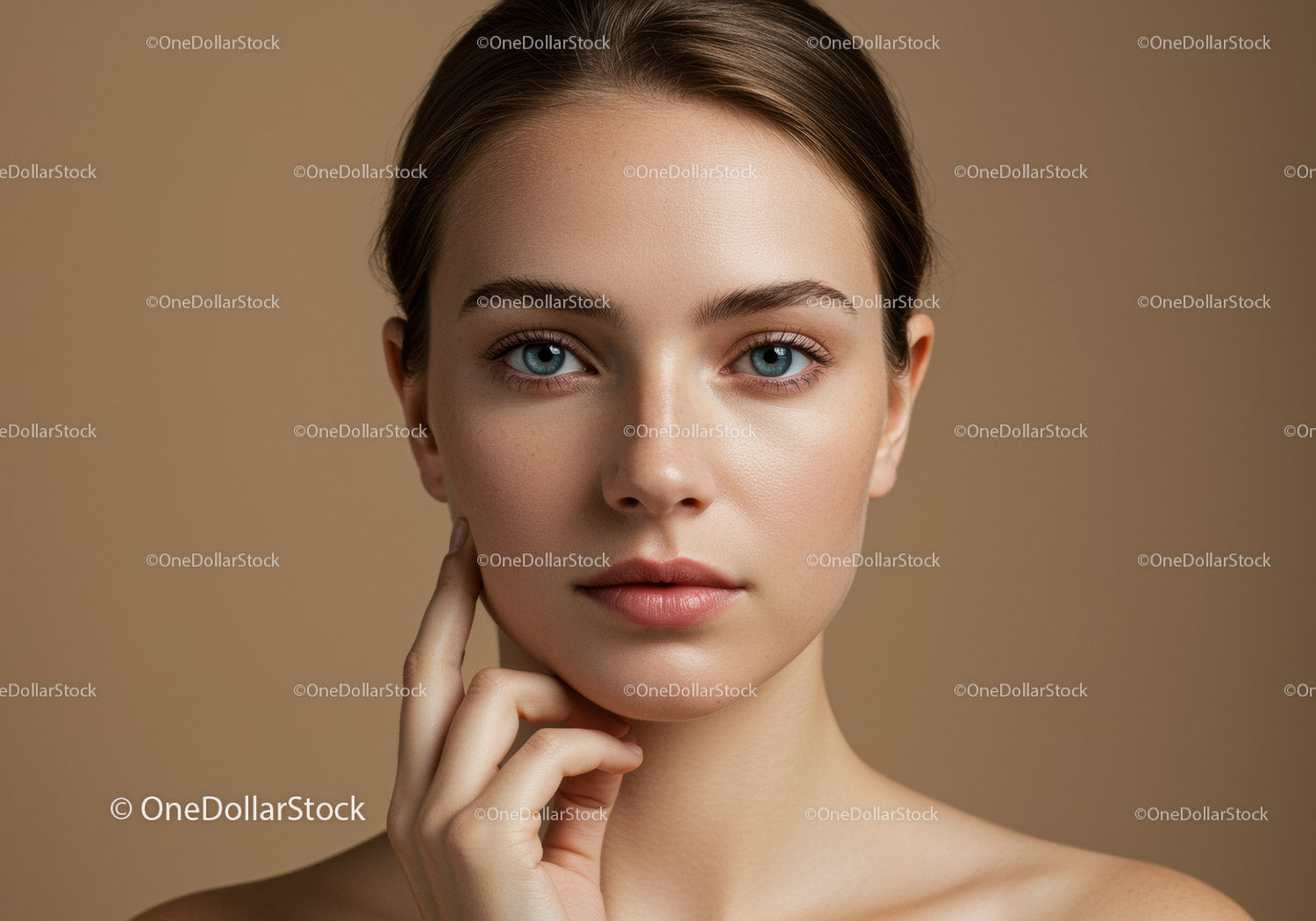 Portrait of a Young Woman with Blue Eyes and Flawless Skin
