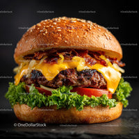 Juicy Cheeseburger with Bacon and Fresh Vegetables