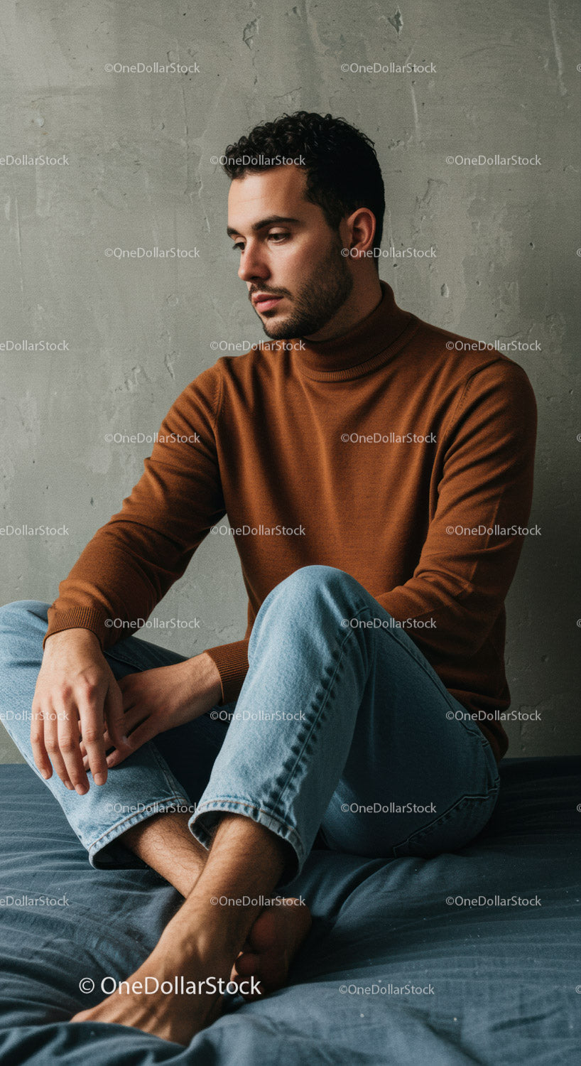 Casual Man Wearing Brown Turtleneck Sitting Relaxed Indoors
