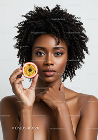 Elegant African American Woman with Curly Hair Holding Passion Fruit Slice