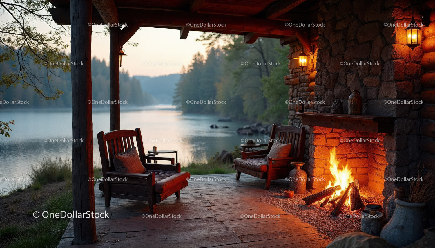 Rustic Lakeside Porch with Fireplace and Scenic Water View