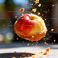 Fresh Apple Surrounded by Flying Crumbs in Motion