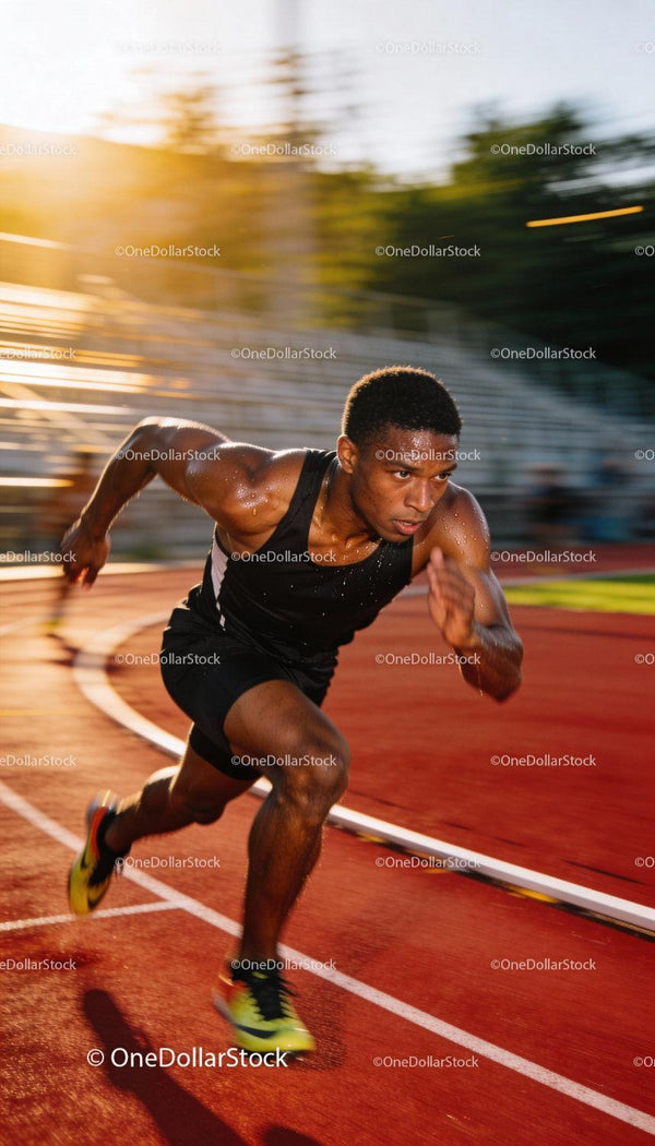 Focused Male Athlete Sprinting on Red Track at Sunset