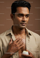 Male Model Applying Moisturizer on Chest for Skincare Routine