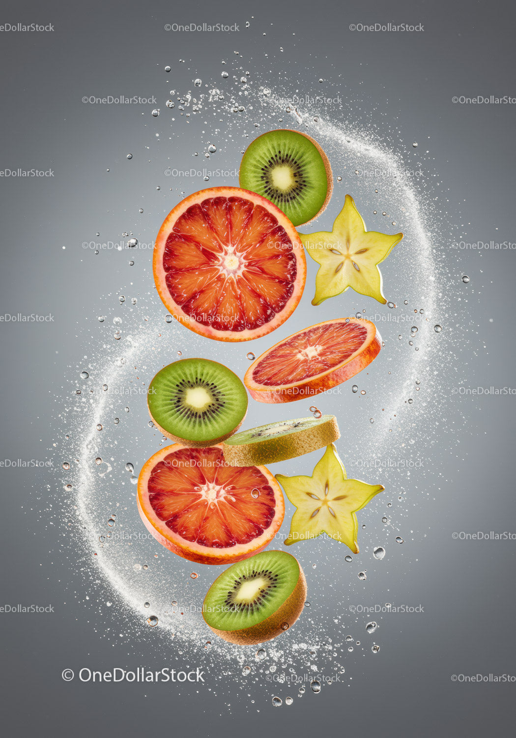 Fresh Slices of Kiwi, Blood Orange, and Starfruit Splash