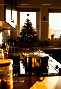 Cozy kitchen with steaming pot and Christmas tree glow