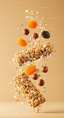 Healthy granola bars with nuts and dried fruits flying