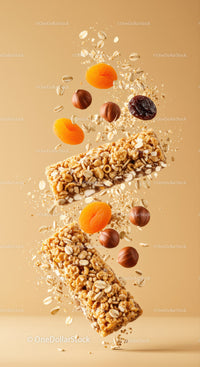 Healthy granola bars with nuts and dried fruits flying
