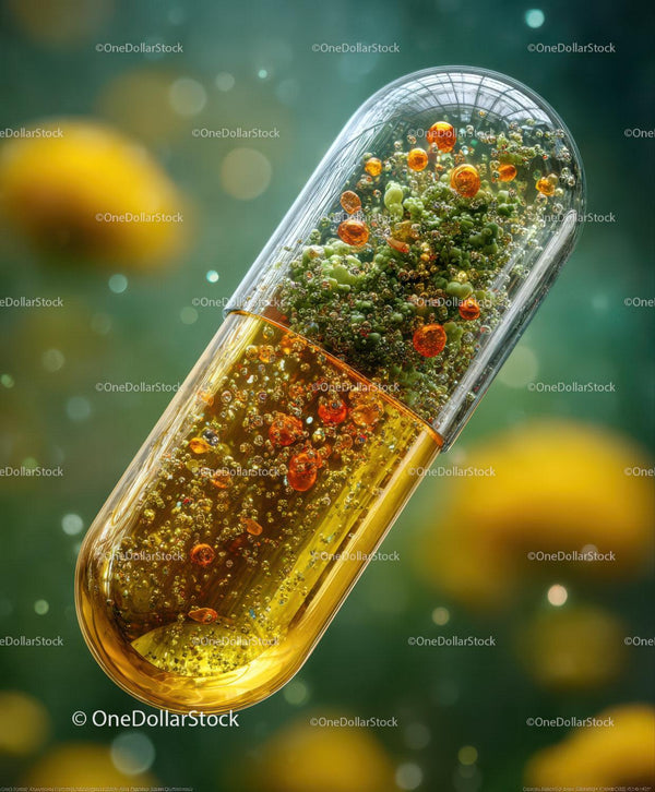 Transparent Capsule with Orange and Green Spheres
