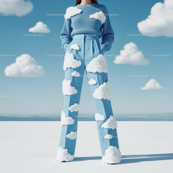 Woman Wearing Cloud Accessories in a Surreal Sky Setting
