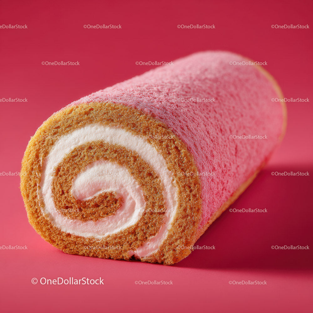 Pink Velvet Cake Roll with Cream Filling in Bright Red Background