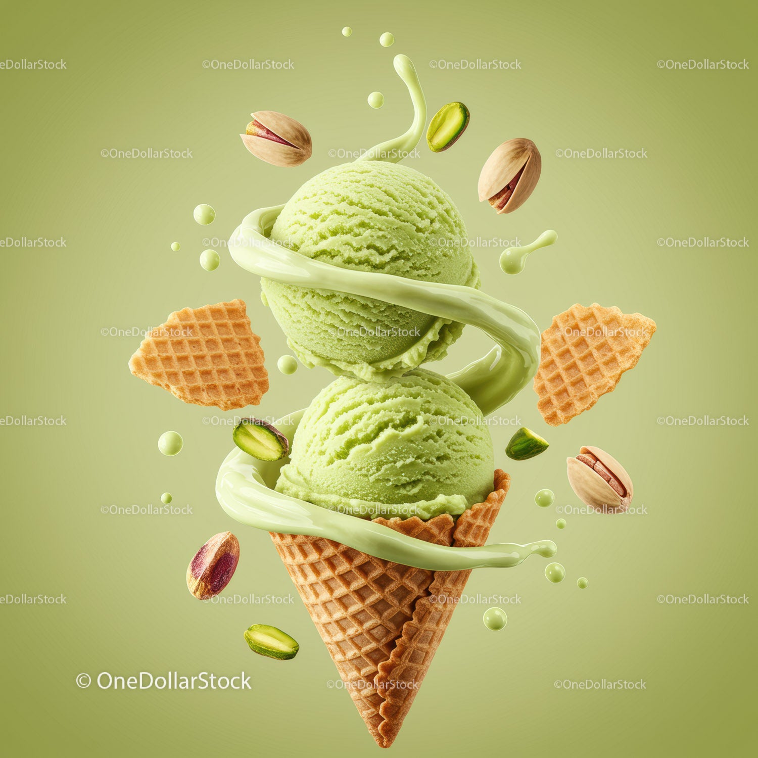 Two scoops of pistachio ice cream in waffle cone
