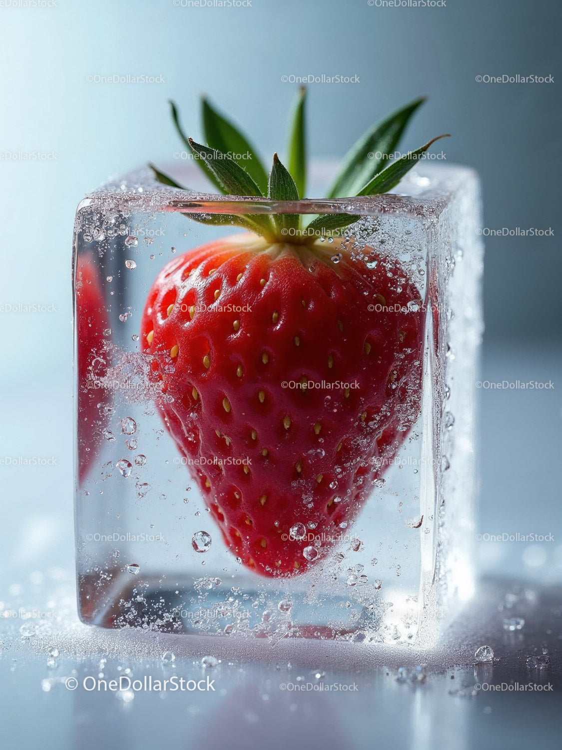 Fresh strawberry frozen inside crystal clear ice cube