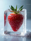 Fresh strawberry frozen inside crystal clear ice cube