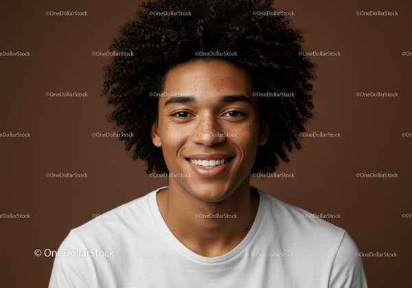 Portrait of a Smiling Young Woman with Curly Hair in Studio