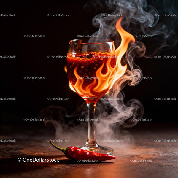 Spicy chili sauce in glass with fiery flame and smoke