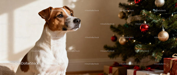 Jack Russell Terrier siedzący obok udekorowanej choinki
