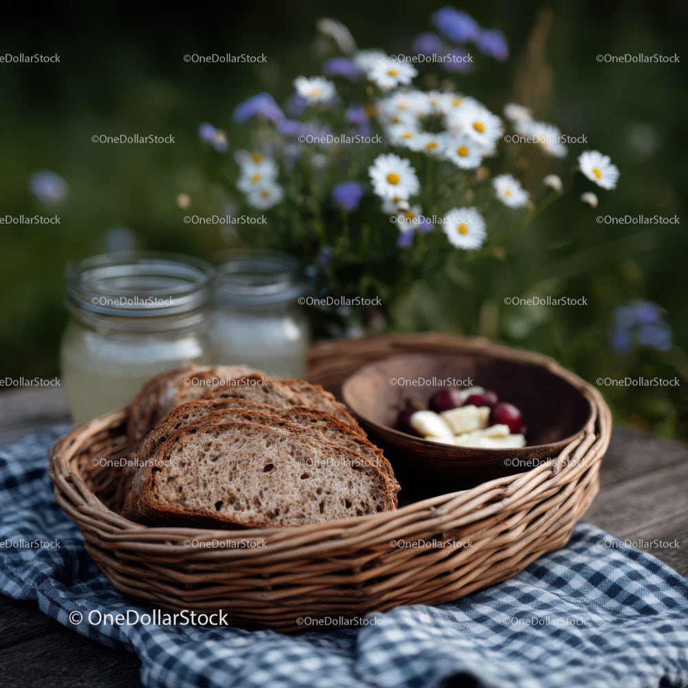 Rustic Basket with Bread Chips Milk Cherries and Cheese in Outdoor Setting