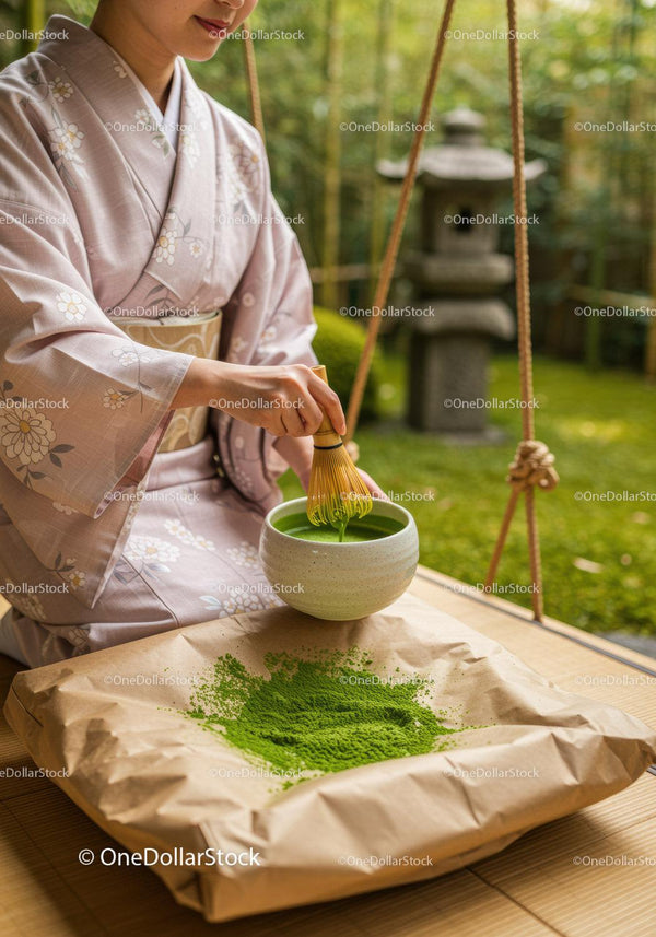 Kobieta w kimonie ubijająca herbatę matcha na świeżym powietrzu